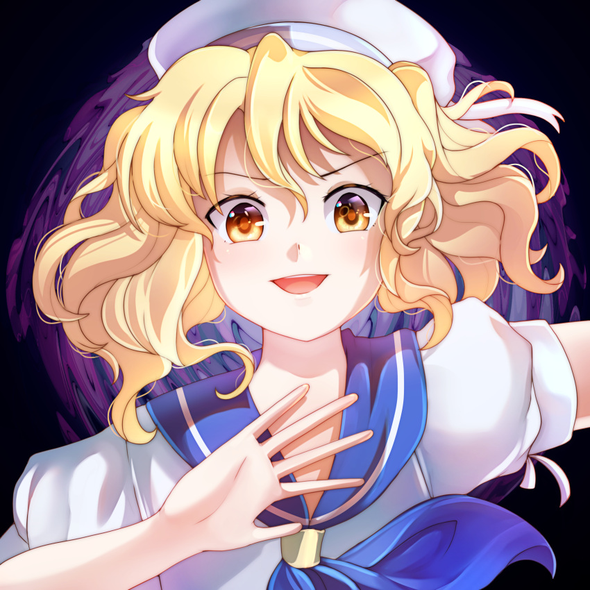 absurdres blonde_hair blue_sailor_collar bow dark_background dungeon_toaster hat highres kitashirakawa_chiyuri open_mouth phantasmagoria_of_dim.dream puffy_short_sleeves puffy_sleeves sailor sailor_collar sailor_hat school_uniform serafuku shirt short_hair short_sleeves smile touhou touhou_(pc-98) twintails white_headwear white_shirt yellow_eyes