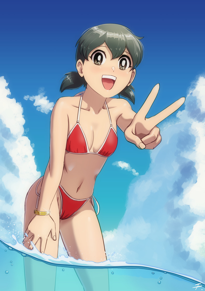 1girl absurdres bikini black_hair blue_sky breasts brown_eyes cleavage cloud cowboy_shot day doraemon hand_on_own_thigh highres leaning_forward looking_at_viewer low_twintails minamoto_shizuka navel open_mouth partially_underwater_shot qiannian_zuojia red_bikini short_hair side-tie_bikini_bottom sky small_breasts solo swimsuit teeth twintails upper_teeth_only wading