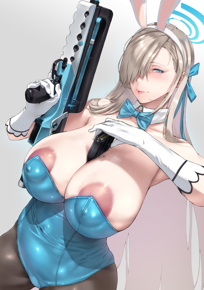 1girl absurdres animal_ears aqua_bow aqua_bowtie areola_slip assault_rifle asuna_(blue_archive) asuna_(bunny)_(blue_archive) bare_shoulders between_breasts black_pantyhose blue_archive blue_bow blue_bowtie blue_eyes blue_leotard blush bow bowtie breast_slip breasts cleavage collarbone covered_navel covered_nipples curvy detached_collar elbow_gloves fake_animal_ears gloves gun hair_over_one_eye hairband halo highleg highleg_leotard highres holding holding_gun holding_weapon huge_breasts huge_nipples large_areolae large_breasts leotard light_brown_hair long_hair looking_at_viewer mole mole_on_breast nipples no_bra official_alternate_costume open_mouth pantyhose playboy_bunny rabbit_ears rifle simple_background smile solo strapless strapless_leotard thighs traditional_bowtie very_long_hair wardrobe_malfunction weapon white_gloves white_leotard yui.h
