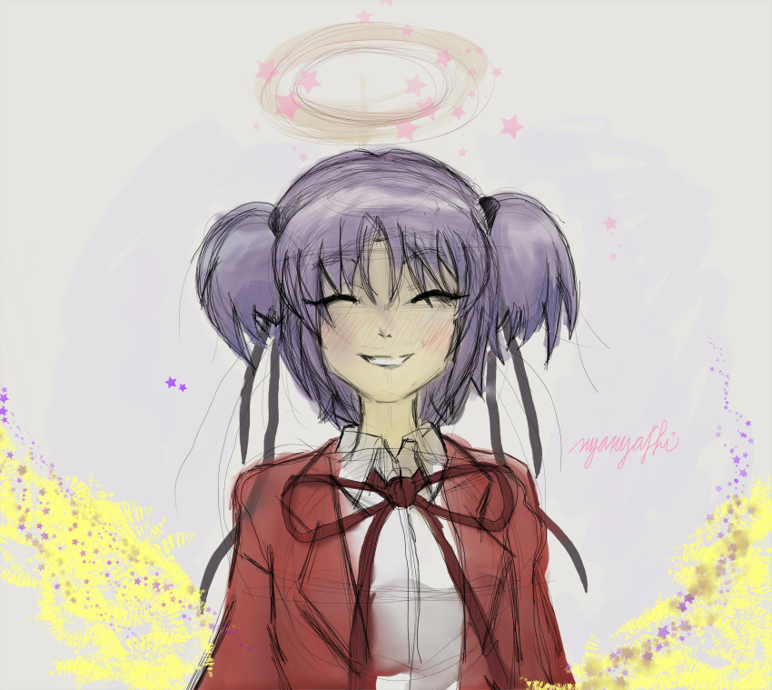 absurdres angel blush bokusatsu_tenshi_dokuro-chan bow hair_ribbon highres imageposterbf jacket messy mitsukai_dokuro open_clothes open_jacket purple_hair red_jacket red_ribbon ribbon sketch smile sticker