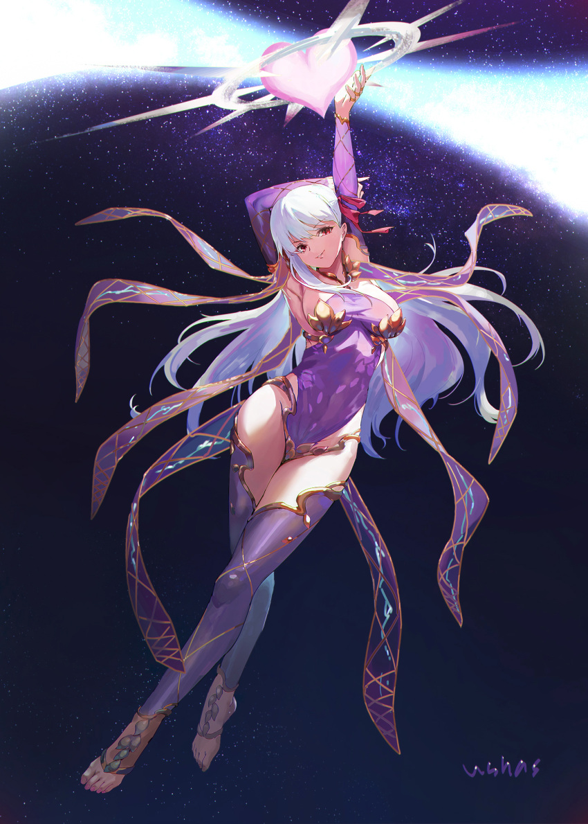 1girl arm_behind_head arm_up armor barefoot bikini_armor breasts collar detached_sleeves dress fate/grand_order fate_(series) full_body hair_ribbon heart highres jewelry kama_(fate) kama_(second_ascension)_(fate) large_breasts long_hair looking_at_viewer metal_collar purple_dress purple_sleeves purple_thighhighs red_eyes ribbon sky smile solo star_(sky) starry_sky thighhighs thighs ushas white_hair