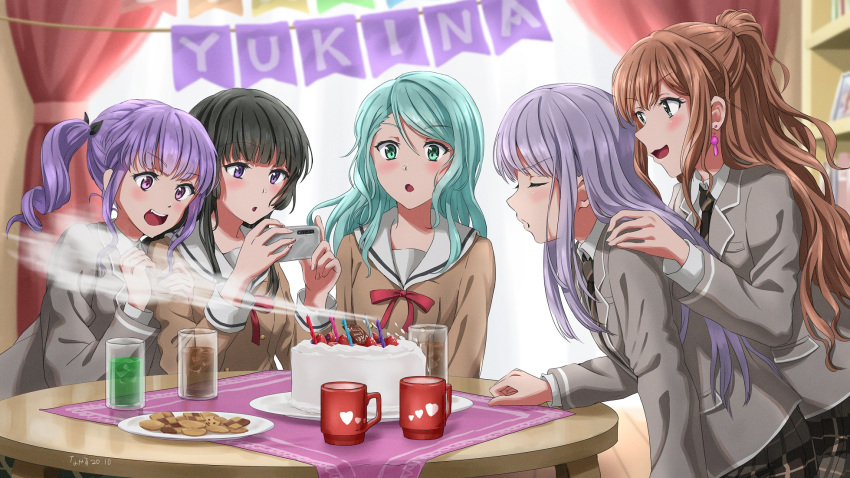 5girls :o aqua_hair bang_dream! banner birthday birthday_cake black_hair blowing blowing_on_food blowing_smoke brown_dress brown_skirt cake character_name closed_eyes commentary_request cookie cup curtains dated dress earrings food fruit green_eyes grey_jacket hanasakigawa_school_uniform haneoka_school_uniform highres hikawa_sayo holding holding_phone imai_lisa jacket jewelry liquid long_hair minato_yukina mug multiple_girls neck_ribbon necktie open_mouth phone plaid plaid_skirt ponytail purple_eyes purple_hair rabbit_earrings red_curtains red_ribbon ribbon roselia_(bang_dream!) sailor_collar sailor_dress school_uniform shelf shirokane_rinko side_ponytail sidelocks signature skirt smile strawberry striped_necktie table tablecloth taking_picture tree_bowbow udagawa_ako wavy_hair white_sailor_collar