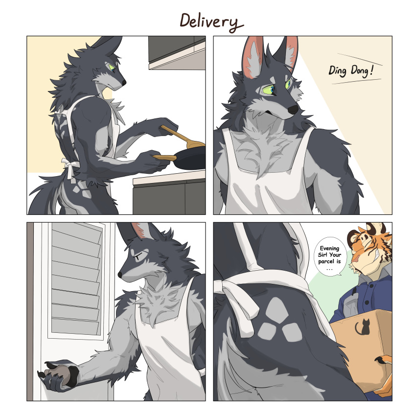 1:1 absurd_res anthro apron apron_only box butt butt_shot cabinet canid canine canis clothing comic container cooking delivery_(commerce) delivery_employee duo felid hi_res male mammal opening_door pan pantherine solo spatula tiger tools tupidwithouts wolf