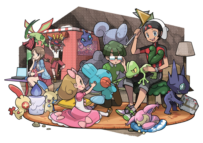 2girls 3boys :d ^_^ aarune_(pokemon) absurdres black_eyes brendan_(pokemon) brown_footwear brown_hair brown_pants carpet cave closed_eyes closed_mouth collared_shirt computer cushion dress fairy_tale_girl_(pokemon) flag flygon ghost glasses green_shirt grey_eyes grey_hair happy hat heart highres holding holding_flag holding_stuffed_toy kneeling lampshade lapras laptop lass_(pokemon) litwick looking_at_another looking_at_viewer lying medium_hair minun mudkip multiple_boys multiple_girls official_art on_ground on_lap on_stomach open_mouth pants pink_dress plusle pokemon pokemon_(creature) pokemon_(game) pokemon_on_lap pokemon_oras red_shorts sableye school_kid_(pokemon) secret_base_(pokemon) shirt shoes shorts shuppet sitting skitty sleeping smile smoochum standing standing_on_one_leg stuffed_toy sugimori_ken tent transparent_background treecko white_headwear