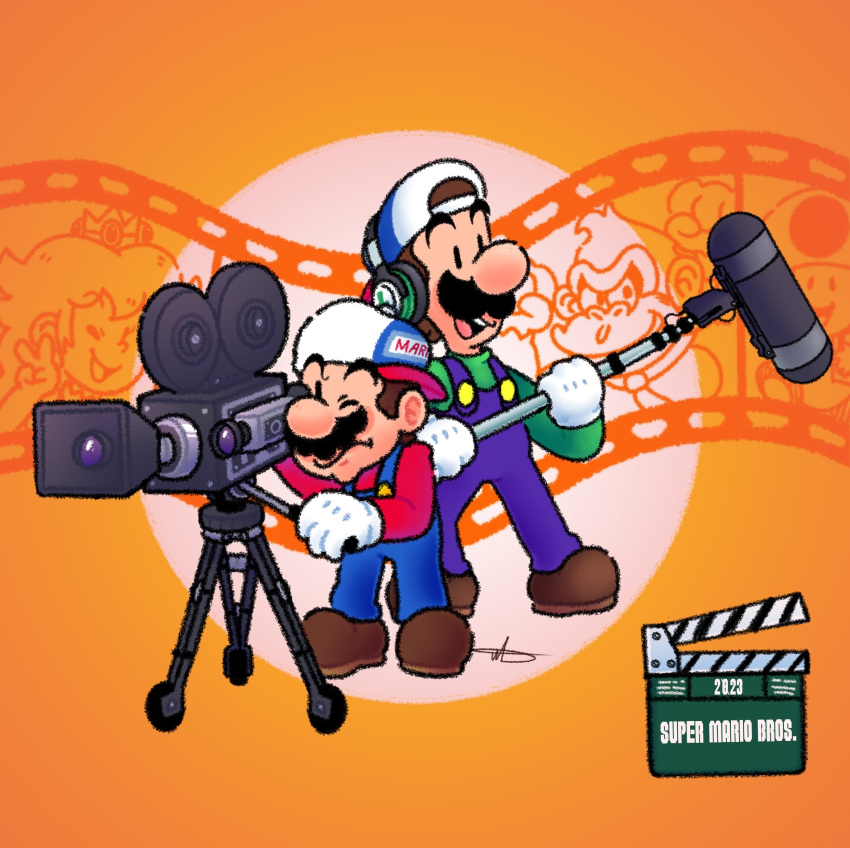 2boys alternate_headwear backwards_hat black_eyes black_headphones blue_overalls brothers brown_footwear buttons character_name clapperboard closed_mouth copyright_name donkey_kong english_commentary facial_hair film_strip full_body gloves green_shirt hat highres holding holding_microphone jradical2014 letter long_sleeves luigi mario mario_(series) microphone multiple_boys mustache nintendo one_eye_closed open_mouth orange_background overalls princess_peach red_shirt shirt shoes siblings signature smile solid_oval_eyes teeth the_super_mario_bros._movie thick_eyebrows toad_(mario) upper_teeth_only video_camera wavy_mouth white_gloves white_headwear