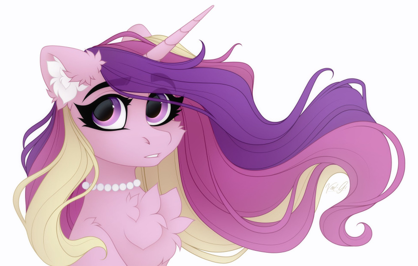 2022 blonde_hair blonde_mane cheek_tuft digital_media_(artwork) equid equine eyebrow_through_hair eyebrows eyelashes facial_tuft female feral friendship_is_magic fur gem hair hasbro hi_res horn inner_ear_fluff jewelry long_hair long_horn mammal mane multicolored_hair multicolored_mane my_little_pony necklace pearl_(gem) pink_body pink_eyes pink_fur pink_hair pink_mane princess_cadance_(mlp) purple_hair purple_mane signature simple_background solo translucent translucent_hair tuft unicorn vird-gi white_background