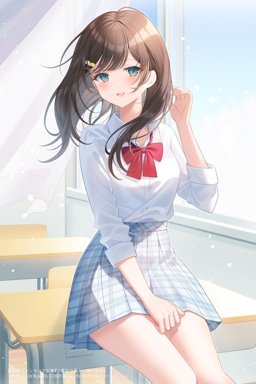 1girl :d absurdres blue_sky blush bow breasts brown_hair chair cloud collared_shirt commentary_request copyright_request curtains day desk dress_shirt floating_hair green_eyes grey_skirt hair_ornament hairclip hand_up highres indoors long_hair long_sleeves looking_at_viewer myusha official_art on_desk plaid plaid_skirt pleated_skirt red_bow school_chair school_desk school_uniform shirt sitting sitting_on_desk skirt sky small_breasts smile solo white_shirt window