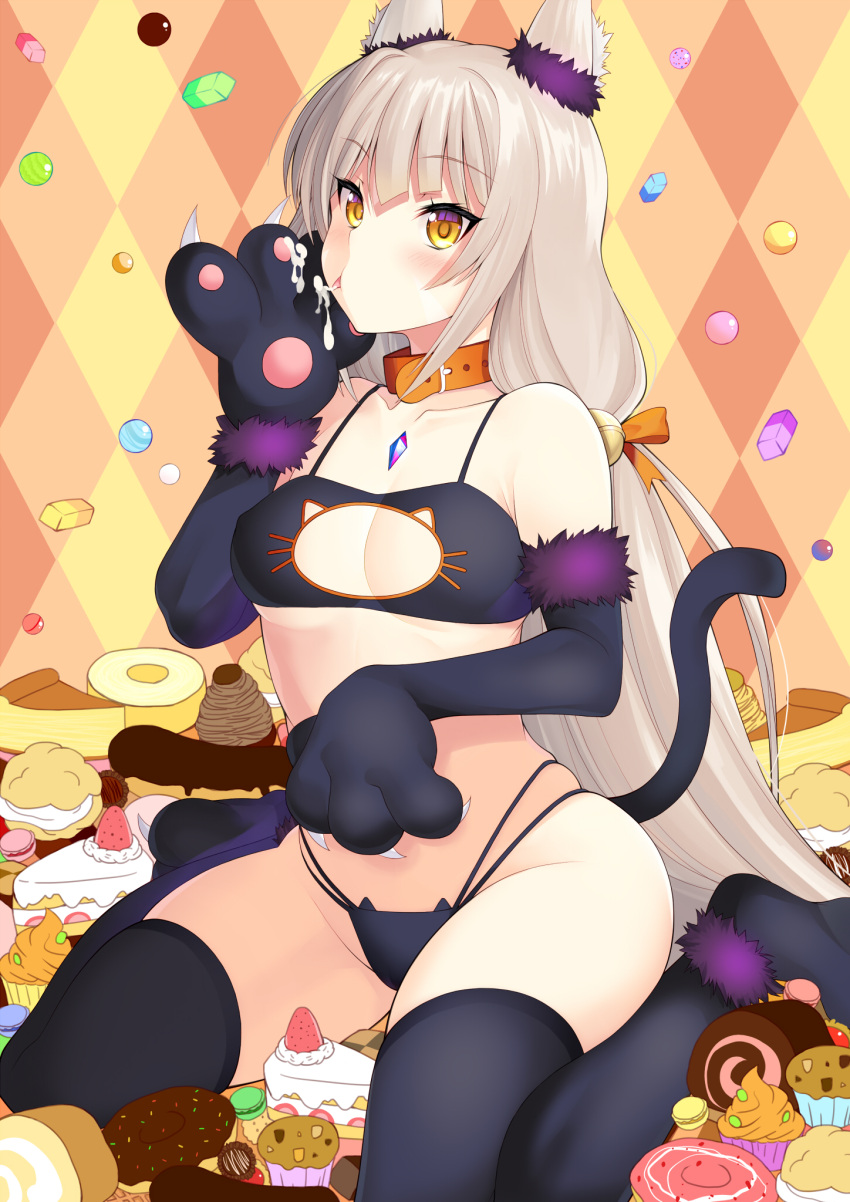 1girl alternate_costume animal_collar animal_ears animal_hands bare_shoulders black_gloves black_thighhighs blush breasts cake cat_ear_panties cat_lingerie chest_jewel collar cream_puff cupcake daive doughnut eclair_(food) elbow_gloves food fur-trimmed_gloves fur_trim gloves grey_hair highres licking licking_hand long_hair macaron meme_attire muffin nia_(blade)_(xenoblade) nia_(xenoblade) panties paw_gloves pue sitting small_breasts solo thighhighs twintails underwear very_long_hair wariza xenoblade_chronicles_(series) xenoblade_chronicles_2 yellow_eyes