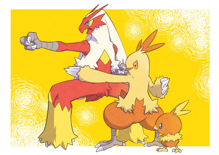 blaziken blue_eyes border claws colored_sclera combusken commentary_request evolutionary_line fighting_stance highres open_mouth outstretched_arm pkpokopoko3 pokemon pokemon_(creature) squatting torchic white_border yellow_background yellow_sclera