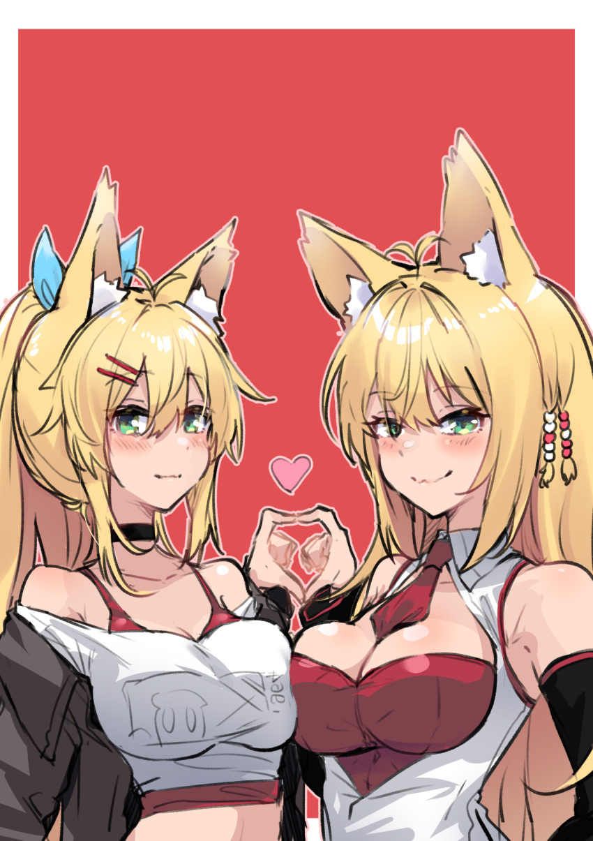 2girls animal_ears bare_shoulders beads between_breasts blonde_hair blush breast_press breasts cevio crop_top dual_persona fox_ears fox_girl green_eyes hair_beads hair_ornament hairpin heart heart_hands heart_hands_duo high_ponytail highres jacket large_breasts long_hair multiple_girls necktie necktie_between_breasts off-shoulder_shirt off_shoulder official_alternate_costume open_clothes open_jacket open_shirt shirt sidelocks smile symmetrical_docking tsurumaki_maki upper_body voiceroid zooanime