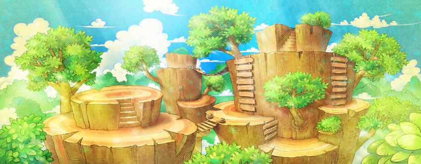artist_request blue_sky cloud commentary day english_commentary forest fushigi_no_dungeon game_cg light_particles light_rays nature no_humans official_art outdoors pokemon pokemon_(game) pokemon_mystery_dungeon rope_bridge rope_ladder scenery sky stairs sunlight third-party_source tree tree_stump treetops wide_shot
