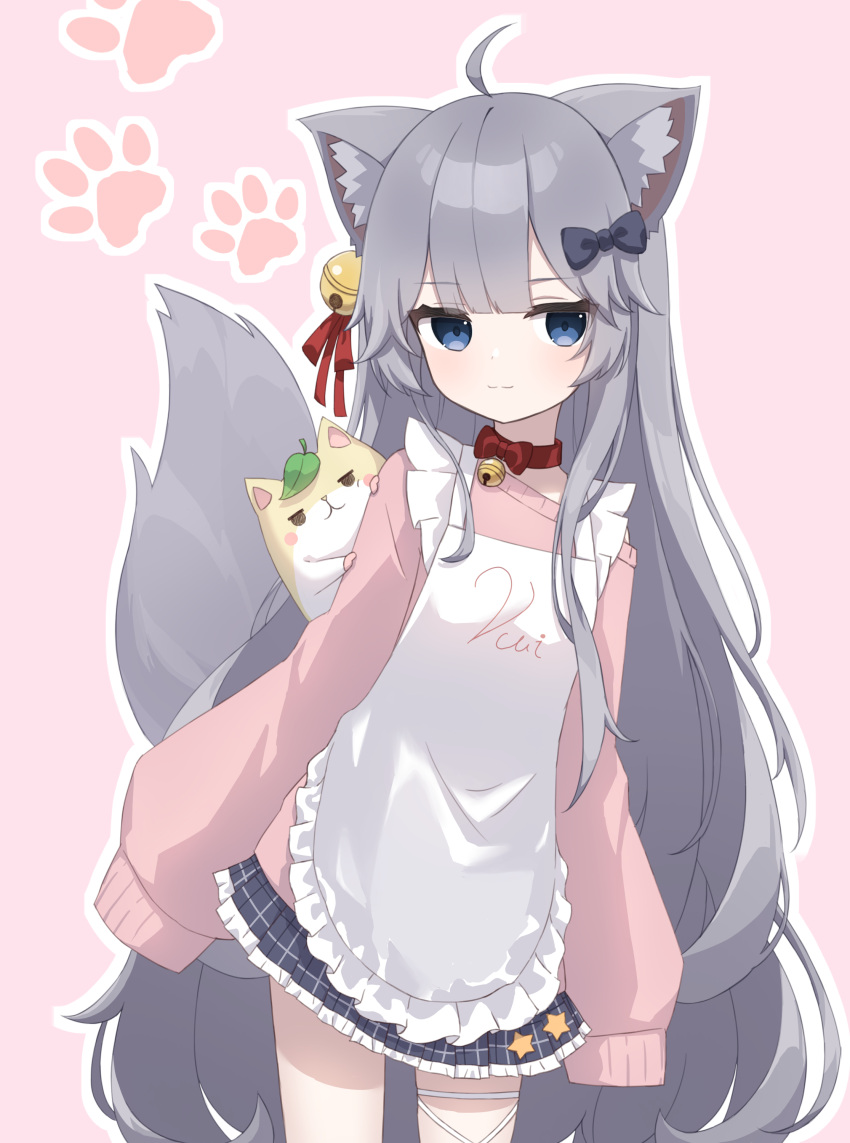 1girl absurdres ahoge animal_ear_fluff animal_ears apron arms_at_sides bell black_bow blue_eyes blunt_bangs bow bowtie character_request choker closed_mouth cowboy_shot eyelashes frilled_apron frilled_skirt frills grey_hair grey_skirt hair_bell hair_between_eyes hair_bow hair_ornament highres jingle_bell leaf leaning_to_the_side leg_ribbon long_hair long_sleeves looking_at_viewer miniskirt neck_bell off-shoulder_sweater off_shoulder paw_print paw_print_background pink_background pink_sweater plaid plaid_skirt pleated_skirt print_apron red_bow red_bowtie red_choker red_ribbon ribbon seika_(eevz2274) simple_background skirt sleeves_past_fingers sleeves_past_wrists smile star_(symbol) sweater tail tail_raised thigh_ribbon very_long_hair white_apron white_ribbon