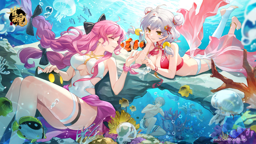 1boy 2girls ahoge artist_request bare_shoulders barefoot bikini bow braid breasts bubble cleavage closed_eyes closed_mouth coral covered_navel double_bun fish fu_ji fujita_kana grin hair_bow hair_bun highres ishihara_usumi long_hair looking_at_another mahjong_soul medium_breasts multiple_girls ocean official_art parted_lips pink_hair sarong smile swimsuit thigh_strap thighs twin_braids underwater very_long_hair water white_hair yellow_eyes