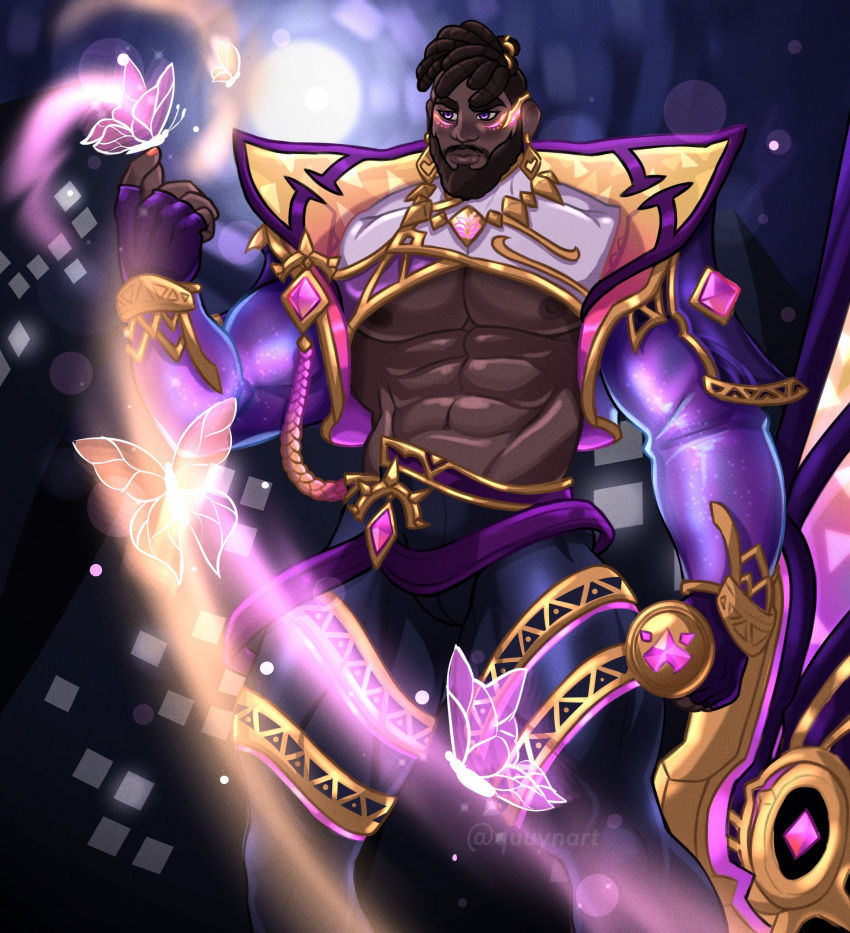 1boy bara beard biceps black_hair brown_eyes bug butterfly butterfly_on_hand dark-skinned_male dark_skin dreadlocks earrings eyeshadow facial_hair feet_out_of_frame glowing highres holding jewelry k'sante_(league_of_legends) large_pectorals league_of_legends light_trail makeup male_focus mature_male muscular muscular_male mustache official_alternate_costume pants pectorals prestige_empyrean_k'sante purple_butterfly quuynart short_hair shrug_(clothing) solo thick_arms thick_eyebrows thighs underpec v-taper