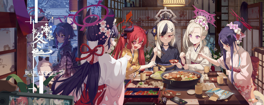 1boy 6+girls absurdres alternate_costume animal_ears annotated aris_(blue_archive) back_bow black_choker black_hair blank_eyes blue_archive blue_flower blue_kimono bow cat_ears character_request check_character chinese_knot choker chopsticks closed_mouth dalian_(1457091741) demon_girl demon_horns drooling ear_piercing floral_print flower food food_request fuuka_(blue_archive) fuuka_(new_year)_(blue_archive) gradient_hair grey_halo hair_between_eyes hair_bun hair_flower hair_ornament hairclip halo haruka_(blue_archive) haruka_(new_year)_(blue_archive) haruna_(blue_archive) haruna_(new_year)_(blue_archive) highres horns indoors japanese_clothes junko_(blue_archive) junko_(new_year)_(blue_archive) kayoko_(blue_archive) kayoko_(new_year)_(blue_archive) keychain kimono koharu_(blue_archive) long_hair long_sleeves mouth_drool multicolored_hair multiple_girls mutsuki_(blue_archive) mutsuki_(new_year)_(blue_archive) obi official_alternate_costume open_mouth petting piercing pink_eyes pink_halo pink_kimono pointy_ears ponytail print_kimono purple_eyes purple_halo red_eyes red_halo sash sensei_(blue_archive) serika_(blue_archive) serika_(new_year)_(blue_archive) serina_(blue_archive) serina_(christmas)_(blue_archive) smile split_mouth streaked_hair taking_picture translated twintails white_flower white_hair white_kimono wide_sleeves yellow_kimono
