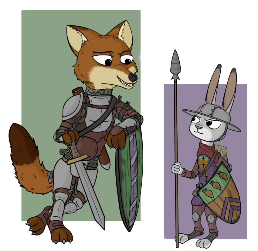 anothercolouranon anthro armor canid canine disney duo female fox headgear helmet judy_hopps lagomorph leporid male mammal melee_weapon nick_wilde polearm rabbit shield simple_background spear sword weapon zootopia