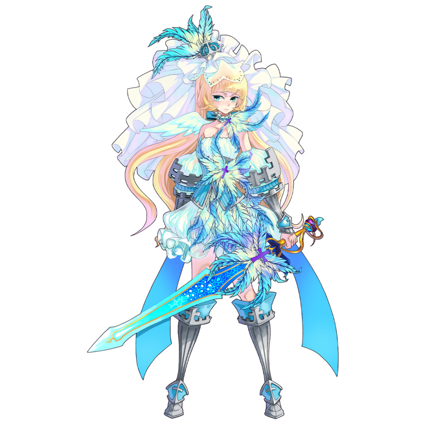 1girl aqua_eyes armor blonde_hair crown dress latale long_hair savior_(latale) sword transparent_background weapon white_dress