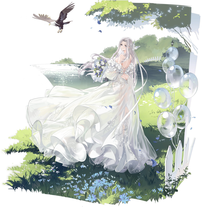 1girl azur_lane back backless_dress backless_outfit balloon bare_shoulders bird blue_eyes blue_flower blue_sky bouquet breasts bride butt_crack closed_mouth detached_sleeves dress eagle flower frilled_dress frills from_behind full_body grass grey_hair hair_ornament highres holding holding_bouquet kurumi_(recycllamo) large_breasts logo long_dress long_hair looking_at_viewer looking_back official_alternate_costume official_art outdoors parted_bangs petals river see-through see-through_dress sideboob sidelocks sky smile solo standing strapless strapless_dress thighs transparent_background tree very_long_hair water wedding_dress white_dress white_flower yorktown_(azur_lane) yorktown_(towards_tomorrow's_brilliant_breeze)_(azur_lane) yorktown_ii_(azur_lane)