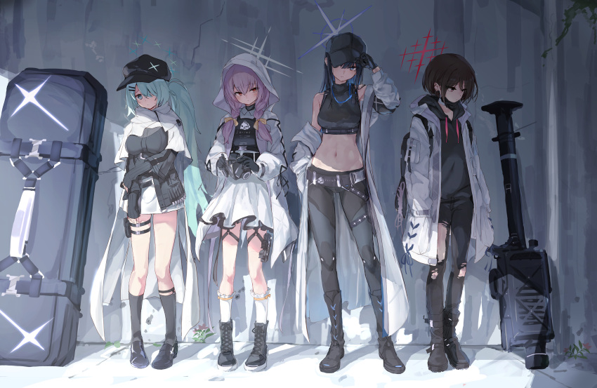 4girls absurdres arius_squad_(blue_archive) armband atsuko_(blue_archive) backpack bag baseball_cap belt_boots black_footwear black_gloves black_hair black_headwear black_hoodie black_mask black_socks blue_archive blue_eyes blush boots braid brown_hair cabbie_hat closed_mouth commentary_request crop_top dress fim-92_stinger full_body gas_mask gloves green_eyes hair_over_one_eye hair_ribbon halo hands_in_pockets hat highres hiyori_(blue_archive) holding holding_mask holster hood hood_down hooded_jacket hoodie jacket kneehighs light_green_hair long_hair long_sleeves looking_at_viewer mask mask_pull mask_removed midriff misaki_(blue_archive) mouth_mask multiple_girls navel pants plate_carrier purple_hair red_eyes revision ribbon rocket_launcher saori_(blue_archive) scarf short_hair side_ponytail socks standing stomach surgical_mask thigh_holster torn_clothes torn_pants toshizou_(0714) turtleneck twin_braids weapon weapon_case white_dress white_jacket white_scarf white_socks yellow_ribbon