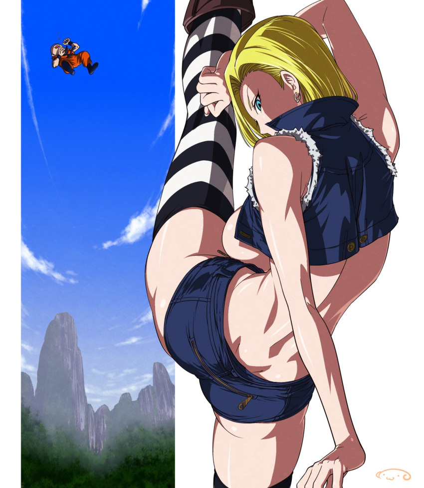 1boy 1girl android_18 back bare_shoulders blonde_hair blood breasts commentary_request cropped_jacket day denim denim_shorts dimples_of_venus dragon_ball dragon_ball_z earrings flexible forest highres jewelry kicking kuririn large_breasts legs mountain nature no_bra no_panties no_shirt open_mouth revision short_shorts shorts sideboob sky split standing standing_on_one_leg standing_split striped striped_thighhighs suna_(sandworks) thighhighs zipper