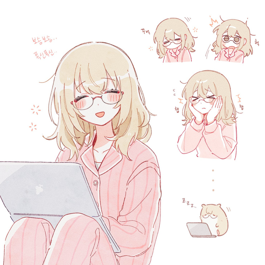 1girl animalization azusawa_kohane blush brown_hair bumgae closed_eyes commentary_request computer drooling facing_viewer glasses hair_down hamster hands_on_own_cheeks hands_on_own_face highres korean_commentary korean_text laptop long_hair long_sleeves multiple_views pajamas pink_pajamas project_sekai simple_background sitting sleepy white_background zzz