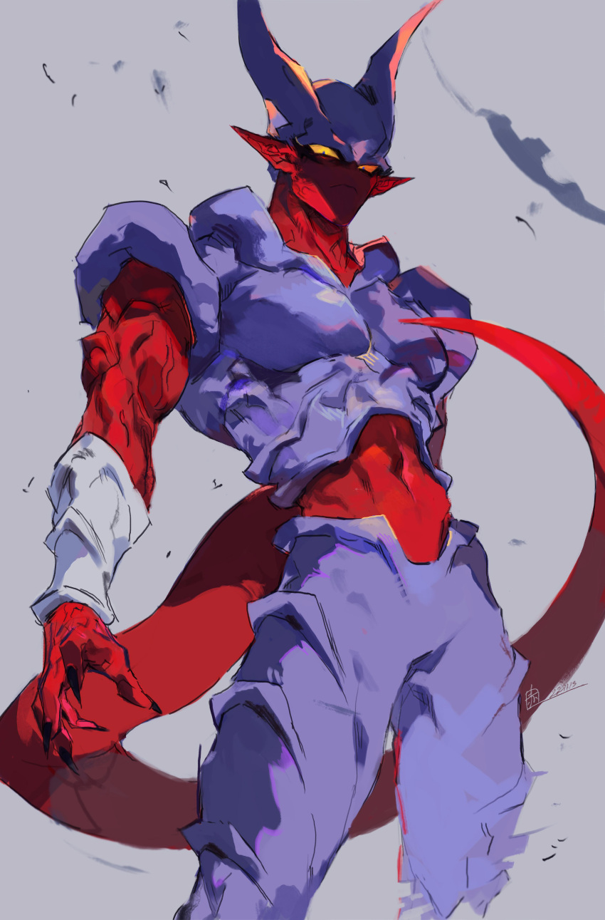1boy absurdres akame_(chokydaum) blue_eyes closed_mouth colored_sclera colored_skin dragon_ball dragon_ball_z fingernails highres horns janemba looking_at_viewer pointy_ears red_skin sharp_fingernails signature simple_background solo tail yellow_sclera