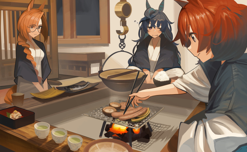 3girls absurdres ahoge animal_ears ashinowoto black-framed_eyewear black_hair blush bowl braid brown_skirt chopsticks closed_mouth cooking cup fish food glasses green_tea grey_eyes highres holding holding_chopsticks horse_ears horse_girl horse_tail ikuno_dictus_(umamusume) long_hair medium_hair multiple_girls nice_nature_(umamusume) one_eye_closed orange_hair red_eyes red_hair rice rice_bowl round_eyewear sausage single_braid skirt tail tea twin_turbo_(umamusume) two_side_up umamusume