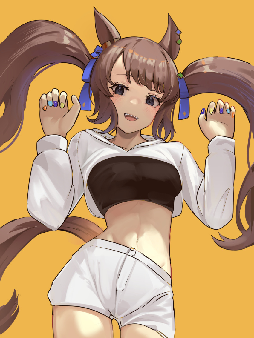 1girl :d alternate_costume animal_ears black_shirt breasts brown_hair commentary_request contrapposto cowboy_shot crop_top cropped_jacket ear_ornament groin hands_up highres hood hood_down hooded_jacket horse_ears horse_girl horse_tail jacket light_blush long_hair long_sleeves looking_at_viewer medium_breasts midriff multicolored_nails nail_art navel open_mouth orange_background shirt short_shorts shorts shrug_(clothing) sidelocks simple_background smile solo solokitsune standing tail teeth tosen_jordan_(umamusume) twintails umamusume upper_teeth_only white_jacket white_shorts