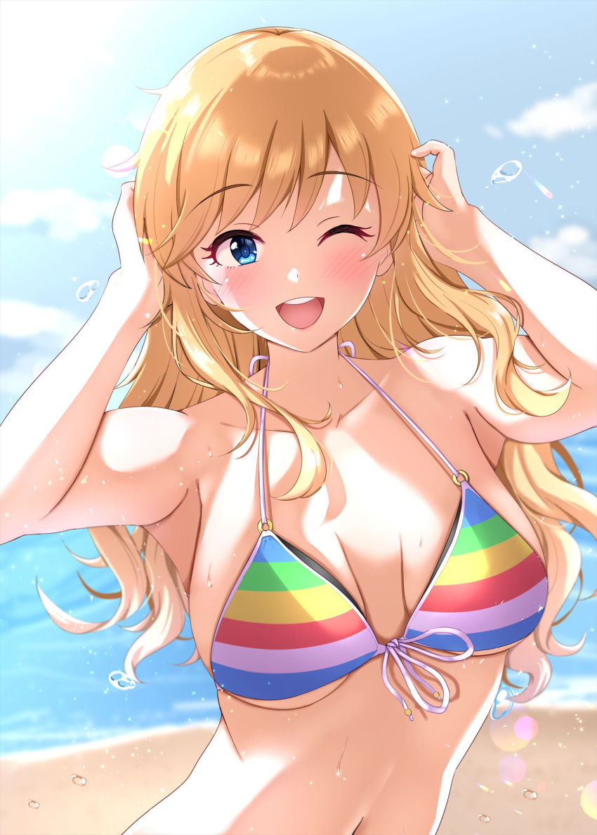 1girl :d armpits arms_up bare_shoulders beach bikini blonde_hair blue_eyes blue_sky blurry blurry_background blush breasts cloud collarbone day dot_nose front-tie_bikini_top front-tie_top highres idolmaster idolmaster_cinderella_girls idolmaster_cinderella_girls_starlight_stage large_breasts lens_flare long_hair looking_at_viewer namidako navel o-ring o-ring_bikini ocean ohtsuki_yui one_eye_closed open_mouth outdoors rainbow_bikini sky smile solo splashing sunlight swimsuit teeth upper_body upper_teeth_only wavy_hair wet