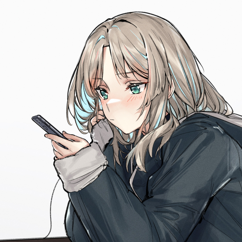 1girl an-94_(girls'_frontline) aqua_eyes blonde_hair blush cable cellphone coat fur-trimmed_coat fur_trim girls'_frontline grey_background highres holding holding_phone hood hood_down long_hair long_sleeves looking_at_phone nishiro_ryoujin phone simple_background smartphone solo upper_body