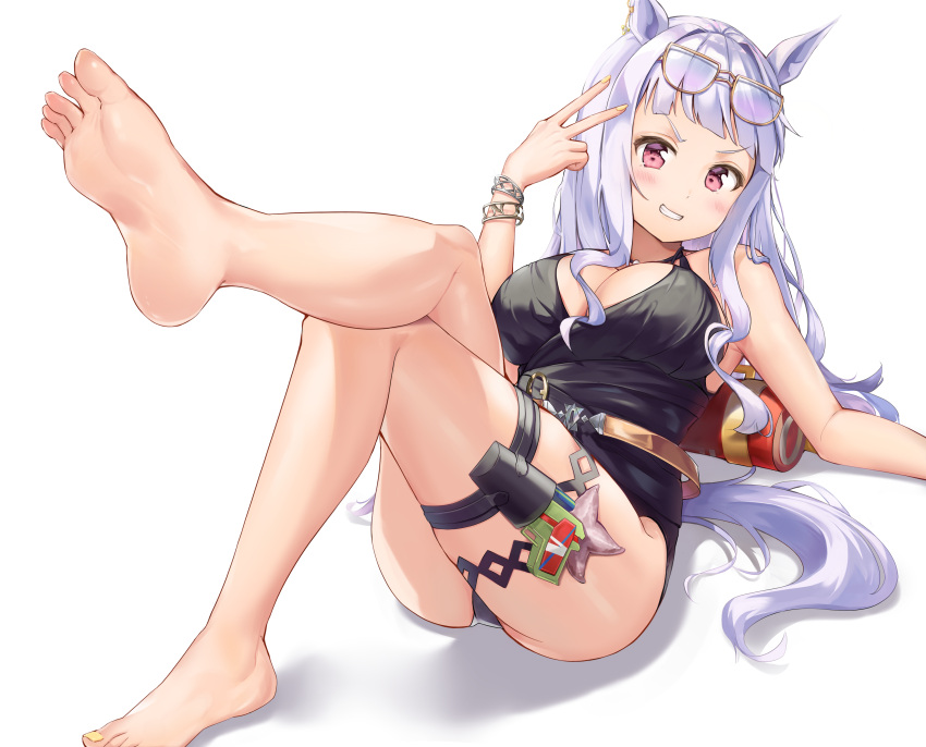 1girl :d absurdres animal_ears ass barefoot beach black_one-piece_swimsuit blunt_bangs breasts cleavage commentary_request eyewear_on_head feet full_body gold_ship_(run_revolt_launcher)_(umamusume) gold_ship_(umamusume) grin highres horse_ears horse_girl horse_tail legs long_hair looking_at_viewer lying nail_polish official_alternate_costume on_back one-piece_swimsuit purple_eyes purple_hair radoremo sand smile soles solo sunglasses swimsuit tail teeth toenail_polish toenails toes umamusume v water water_gun white_background yellow_nails