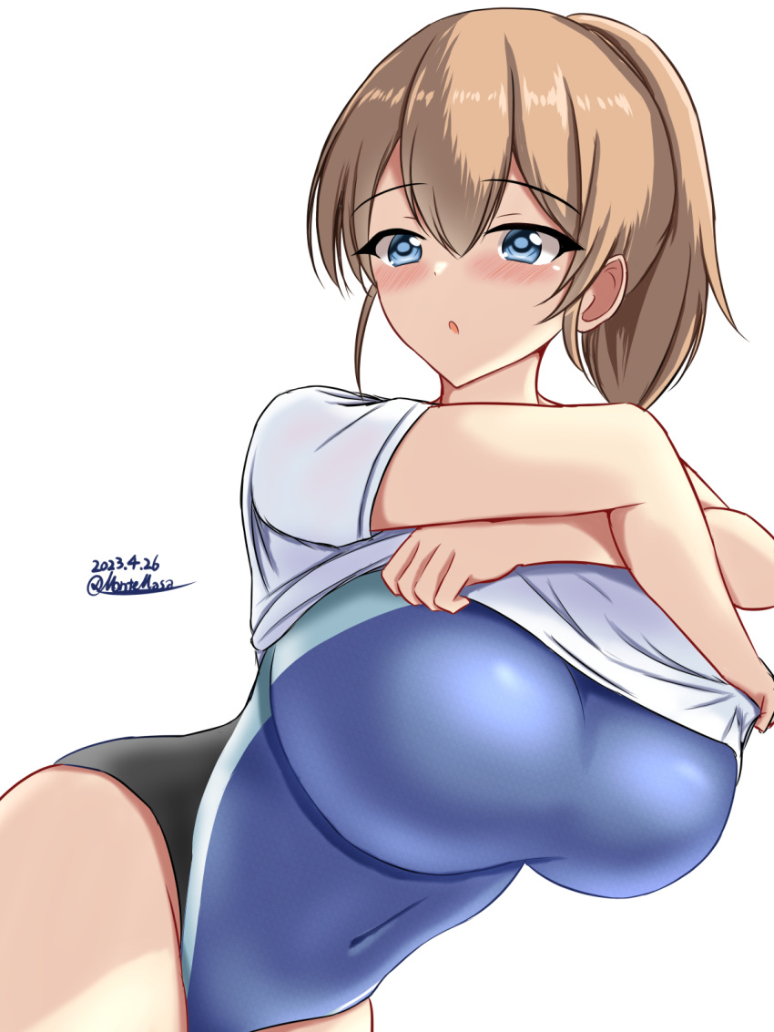 1girl :o black_one-piece_swimsuit blue_eyes blue_one-piece_swimsuit blush breasts brown_hair competition_swimsuit covered_navel cowboy_shot dated hair_between_eyes highleg highleg_swimsuit highres impossible_clothes impossible_swimsuit intrepid_(kancolle) kantai_collection large_breasts looking_at_viewer montemasa multicolored_clothes multicolored_swimsuit one-piece_swimsuit ponytail shirt short_hair short_sleeves simple_background solo swimsuit swimsuit_under_clothes twitter_username two-tone_swimsuit undressing white_background white_shirt