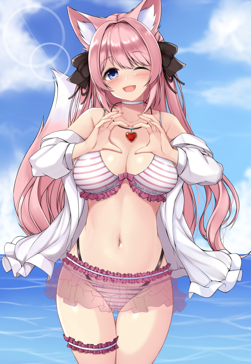 1girl animal_ears ass_visible_through_thighs bare_shoulders bikini bikini_skirt black_ribbon blue_eyes blue_sky bow bow_bikini breasts choker cleavage cloud cloudy_sky collarbone fang fingernails fox_ears fox_girl fox_tail frilled_bikini_top hair_intakes hair_ribbon heart heart_collar heart_hands highleg highleg_bikini highres jacket large_breasts long_hair looking_at_viewer multi-strapped_bikini nail_polish navel ocean one_eye_closed open_clothes open_jacket open_mouth original outdoors pink_bikini pink_bow pink_hair pink_nails pink_skirt ribbon see-through see-through_skirt skirt sky smile sogaya solo stomach striped striped_bikini swimsuit tail thigh_strap thighs water white_bikini white_choker white_jacket