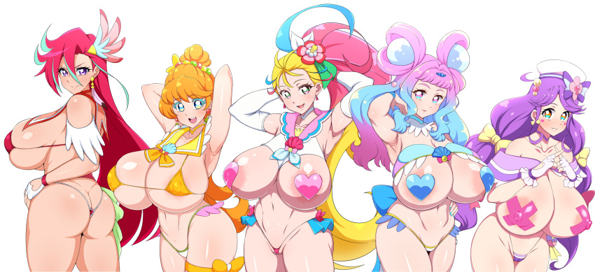 5girls blue_nails breasts choker cure_coral cure_flamingo cure_la_mer cure_papaya cure_summer earrings heart heart_in_eye heart_pasties highres huge_breasts ichinose_minori jabara_tornado jewelry large_breasts laura_la_mer looking_at_viewer magical_girl multicolored_hair multiple_girls natsuumi_manatsu pasties pearl_hair_ornament pink_sailor_collar precure sailor_collar shell_brooch suzumura_sango symbol_in_eye takizawa_asuka triangle_earrings tropical-rouge!_precure yellow_choker