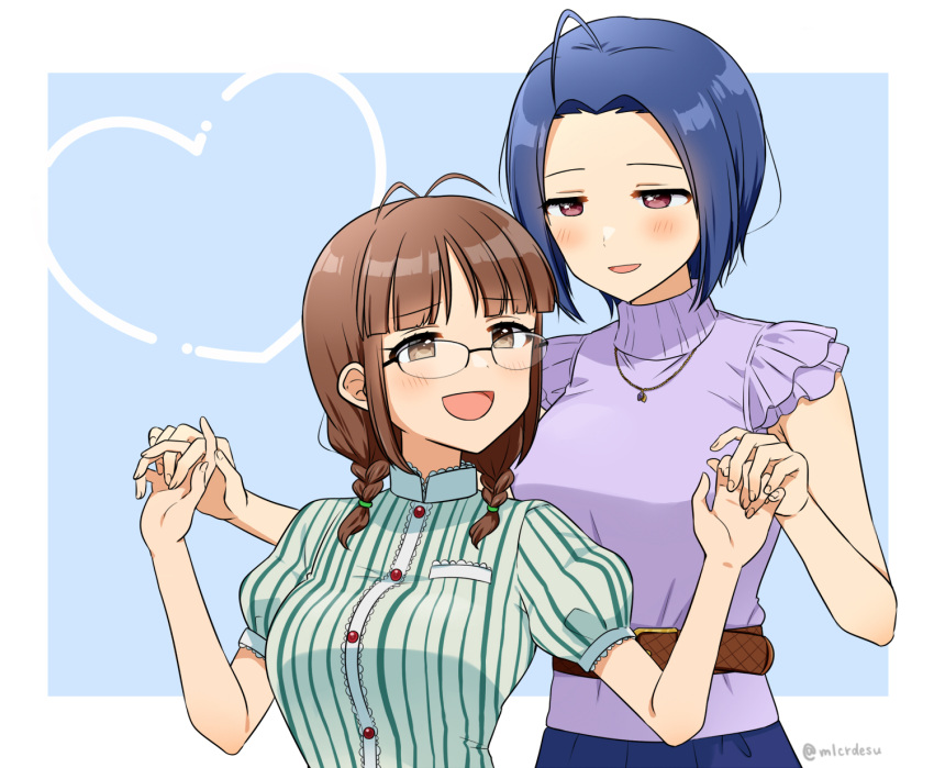 2girls ahoge akizuki_ritsuko antenna_hair belt black-framed_eyewear blue_background blue_hair blush border braid breasts brown_belt brown_eyes brown_hair dot_nose glasses green_shirt hair_tie hands_up heart highres holding_hands idolmaster idolmaster_(classic) idolmaster_million_live! idolmaster_million_live!_theater_days jewelry large_breasts looking_back looking_down merukyara miura_azusa multiple_girls necklace open_mouth outside_border over-rim_eyewear puffy_short_sleeves puffy_sleeves purple_shirt red_eyes semi-rimless_eyewear shirt short_hair short_sleeves shy simple_background smile staring striped striped_shirt turtleneck twin_braids twintails twitter_username vertical-striped_shirt vertical_stripes white_border