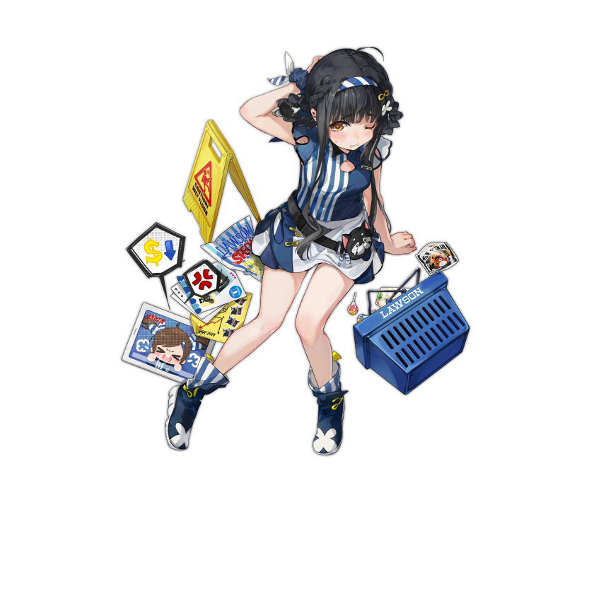 &gt;_&lt; 1girl anger_vein animal_bag arm_behind_head arrow_(symbol) black_hair blue_dress blue_footwear blue_hairband blue_scrunchie blush boots braid breasts candy cashier cat_bag cleavage_cutout clothing_cutout colored_shoe_soles company_name copyright_name dinergate_(girls'_frontline) dollar_sign dress food french_braid from_above full_body girls'_frontline graph hairband highres lawson legs lollipop long_hair looking_at_viewer medium_breasts no_socks official_alternate_costume official_art one_eye_closed qbu-88_(girls'_frontline) qbu-88_(morning_au_lait)_(girls'_frontline) scrunchie shopping_basket shuzi simple_background sitting sleeveless sleeveless_dress snap-fit_buckle solo spoken_anger_vein spoken_dollar_sign sticker store_clerk striped striped_dress striped_footwear striped_hairband tablet_pc teeth transparent_background upper_teeth_only vertical-striped_dress vertical-striped_footwear vertical_stripes wet_floor_sign white_hairband wrist_scrunchie yellow_eyes