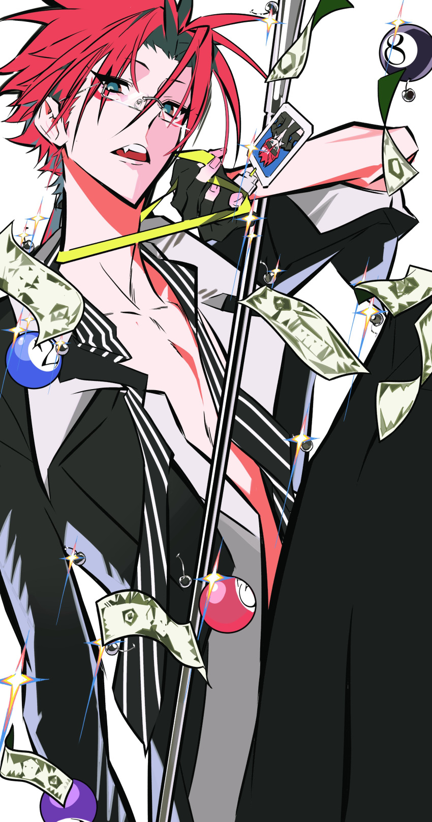 1boy 8-ball absurdres ball banknote billiard_ball black_gloves black_jacket black_pants black_suit blue_eyes fang final_fantasy final_fantasy_vii fingerless_gloves glasses gloves highres holding holding_staff holding_weapon id_photo jacket lanyard lihonghua314 long_eyelashes long_sleeves low_ponytail male_focus money open_clothes open_jacket open_mouth open_shirt pants pinstripe_pattern pinstripe_shirt ponytail rectangular_eyewear red_hair reno_(ff7) shirt simple_background sitting solo sparkle staff striped suit unbuttoned unbuttoned_shirt weapon white_background