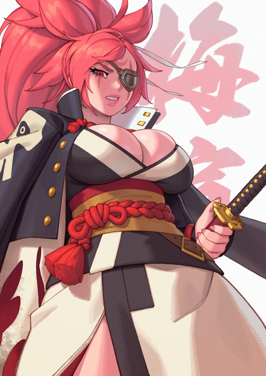 1girl absurdres amputee baiken breasts character_name cleavage eyepatch facial_mark guilty_gear guilty_gear_xrd highres holding holding_sword holding_weapon huge_breasts japanese_clothes katana kimono long_hair looking_at_viewer nail_polish one-eyed open_clothes parted_lips pink_hair pink_lips pink_nails ponytail red_eyes riz rope rope_belt samurai sash scar scar_across_eye scar_on_face sheath sheathed simple_background skull_print solo sword weapon