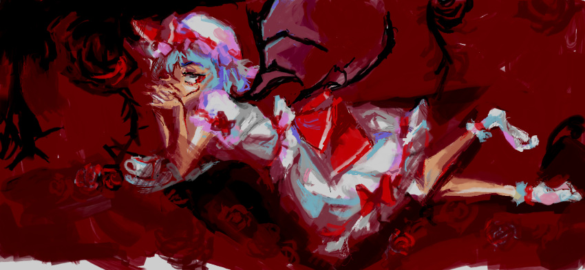 bat_wings blue_hair cup envicement flower full_body microsoft_paint_(medium) non-web_source red_background red_eyes remilia_scarlet ribbon rose smirk teacup touhou wings
