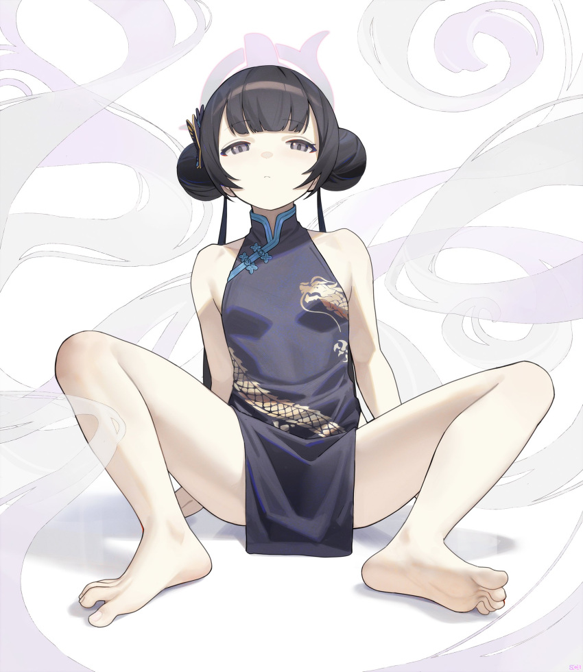 arms_behind_back bare_shoulders barefoot black_dress black_hair blue_archive blunt_bangs china_dress chinese_clothes double_bun dragon_print dress full_body grey_eyes hair_bun halo highres kisaki_(blue_archive) long_hair looking_at_viewer pelvic_curtain sidelocks simple_background sitting songchuan_li spread_legs twintails