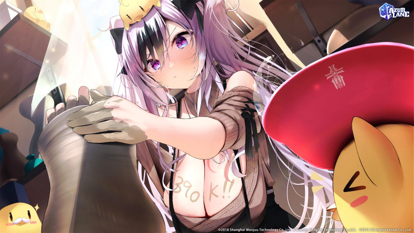 1girl animal_on_head azur_lane bird bird_on_head black_bow black_hair blush bow breasts brown_sweater clay cleavage closed_mouth commentary curtains elbe_(azur_lane) elbe_(pure-hearted_bad_girl)_(azur_lane) english_commentary grey_hair hair_between_eyes hair_bow highres large_breasts logo long_hair manjuu_(azur_lane) multicolored_hair nidaime_(doronbo) off-shoulder_sweater off_shoulder official_alternate_costume official_art on_head pottery purple_eyes second-party_source sidelocks solo sunlight sweatdrop sweater twintails two-tone_hair upper_body watermark window