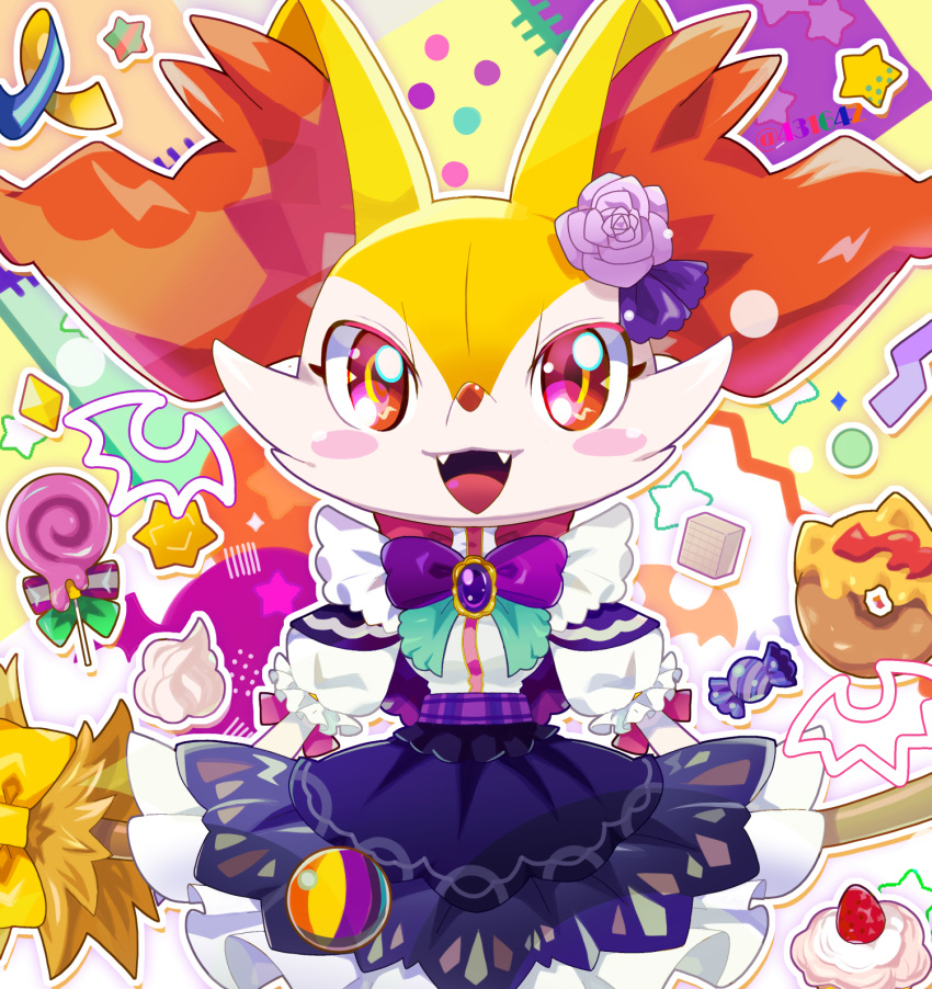 1girl animal_ear_fluff animal_ears animal_nose artist_name back_bow bat_(animal) blush blush_stickers body_fur bow bowtie braixen breasts brooch candy clothed_pokemon colorful commentary_request cowboy_shot cream doughnut fangs flat_chest flower food fox_ears fox_girl frilled_skirt frilled_sleeves frills fruit furry furry_female gem hair_flower hair_ornament happy highres jewelry kiki_(431642) lollipop looking_at_viewer miniskirt multicolored_background open_mouth outline pokemon pokemon_(creature) puffy_short_sleeves puffy_sleeves purple_bow purple_bowtie purple_flower purple_gemstone purple_rose purple_skirt rare_candy red_bow red_eyes revive_(pokemon) rose shirt shirt_tucked_in short_sleeves skirt small_breasts smile snout solo standing strawberry twitter_username two-tone_fur watermark white_fur white_outline white_shirt yellow_bow yellow_fur