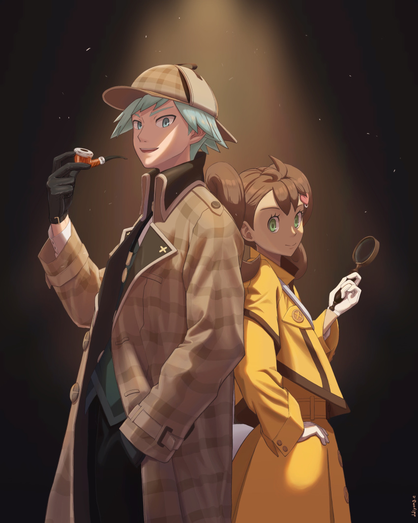 1boy 1girl absurdres brown_coat brown_hair closed_mouth coat commentary_request ddiyong.e detective from_side gloves green_eyes green_hair hand_on_own_hip hat highres holding holding_magnifying_glass holding_smoking_pipe jacket korean_commentary long_sleeves magnifying_glass official_alternate_costume open_clothes open_coat open_mouth plaid_coat plaid_headwear pokemon pokemon_(game) pokemon_masters_ex shauna_(pokemon) shauna_(special_costume)_(pokemon) short_hair skirt smile smoking_pipe spotlight steven_stone steven_stone_(special_costume) white_gloves yellow_jacket yellow_skirt