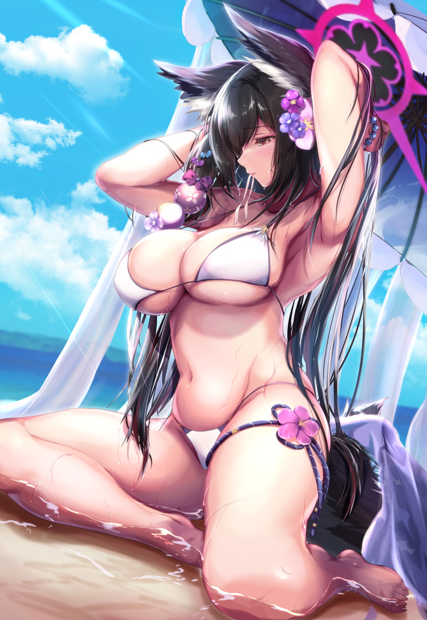 1girl absurdres animal_ear_fluff animal_ears armpits barefoot beach bikini black_hair blue_archive blue_sky breasts cloud collarbone day flower fox_ears fox_girl fox_tail hair_flower hair_ornament halo highres large_breasts long_hair navel ocean outdoors parasol red_eyes saboten_teishoku sitting sky solo summer sunlight swimsuit tail umbrella wakamo_(blue_archive) wakamo_(swimsuit)_(blue_archive) white_bikini