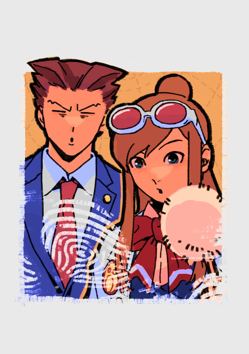 1boy 1girl ace_attorney blowing blue_eyes blue_jacket bow bowtie brown_hair closed_eyes collared_shirt ema_skye eyewear_on_head fingerprint glasses half_updo highres jacket lab_coat long_hair necktie phoenix_wright pink-tinted_eyewear red_bow red_bowtie red_necktie shirt short_hair spiked_hair tinted_eyewear upper_body white_shirt wwwsumiso