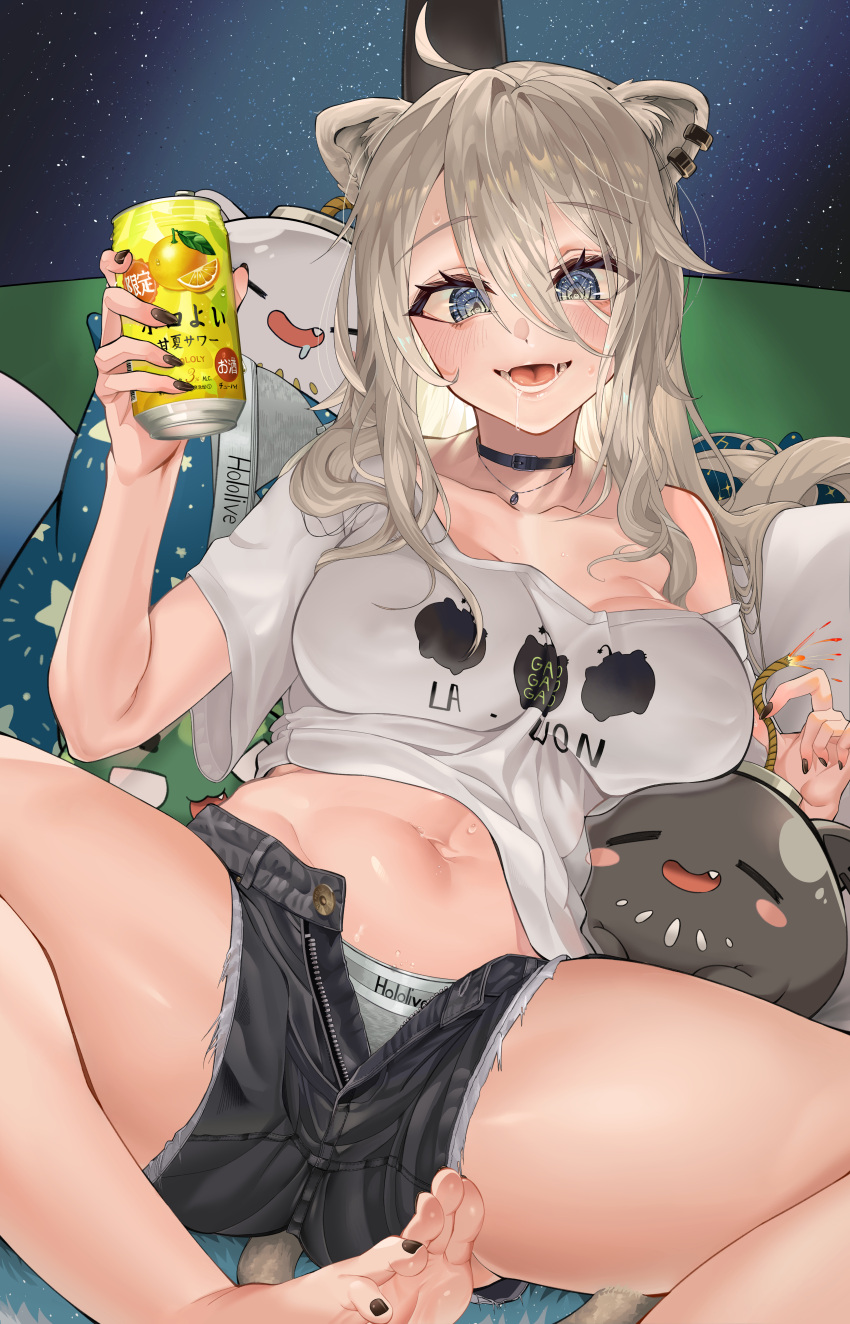 1girl :d absurdres ahoge animal_ear_fluff animal_ears barefoot black_choker blue_eyes blush breasts can choker ear_piercing grey_hair hair_between_eyes highres holding holding_can hololive large_breasts lion_ears long_hair midriff nail_polish navel open_fly panties panty_peek piercing shirt shishiro_botan shishiro_botan_(4th_costume) short_shorts short_sleeves shorts sitting smile snarkhunt solo ssrb_(shishiro_botan) toenail_polish toenails underwear virtual_youtuber white_shirt