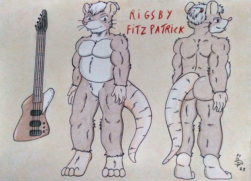 4_toes 5_fingers anthro arm_tuft back_muscles bass_guitar belly biceps brown_body brown_eyes brown_fur butt dashthefox feet fingers front_view fur guitar hair hi_res leg_tuft long_tail male mammal manly model_sheet murid murine musclegut muscular musical_instrument nude orange_background pecs pink_nose plucked_string_instrument ponytail rat rear_view reference_image rodent simple_background string_instrument tail teeth teeth_showing thick_tail toes traditional_media_(artwork) tuft whiskers white_hair