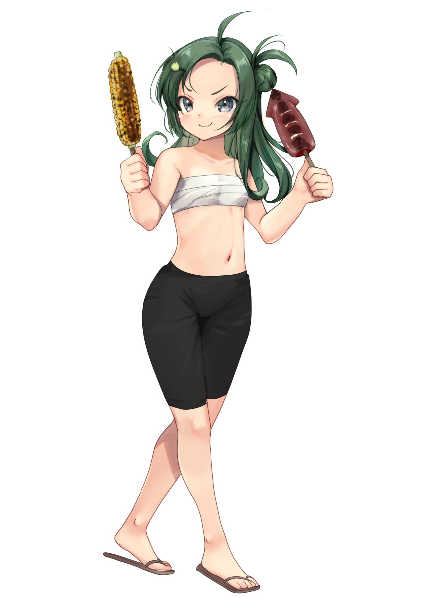 1girl absurdres ahoge alternate_costume bare_shoulders bike_shorts black_shorts clothes_writing corn cowboy_shot double_bun feet_out_of_frame forehead green_eyes green_hair grilled_corn hair_bun highres holding ikayaki kantai_collection long_hair makinami_(kancolle) sarashi shorts solo standing yashin_(yasinz)