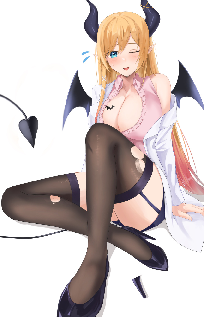 1girl ;d absurdres bat_tattoo black_footwear black_horns black_thighhighs blonde_hair blue_eyes breast_tattoo breasts cleavage coat commentary_request demon_girl demon_horns demon_tail demon_wings full_body garter_belt garter_straps gradient_hair high_heels highres hololive horn_ornament horn_ring horns labcoat large_breasts long_hair long_sleeves looking_at_viewer multicolored_hair one_eye_closed onemuikun-b open_clothes open_coat open_mouth pink_hair pink_shirt pointy_ears shirt simple_background sitting sleeveless sleeveless_shirt smile solo swept_bangs tail tattoo thighhighs torn_clothes torn_thighhighs virtual_youtuber white_background white_coat winged_heart wings yuzuki_choco