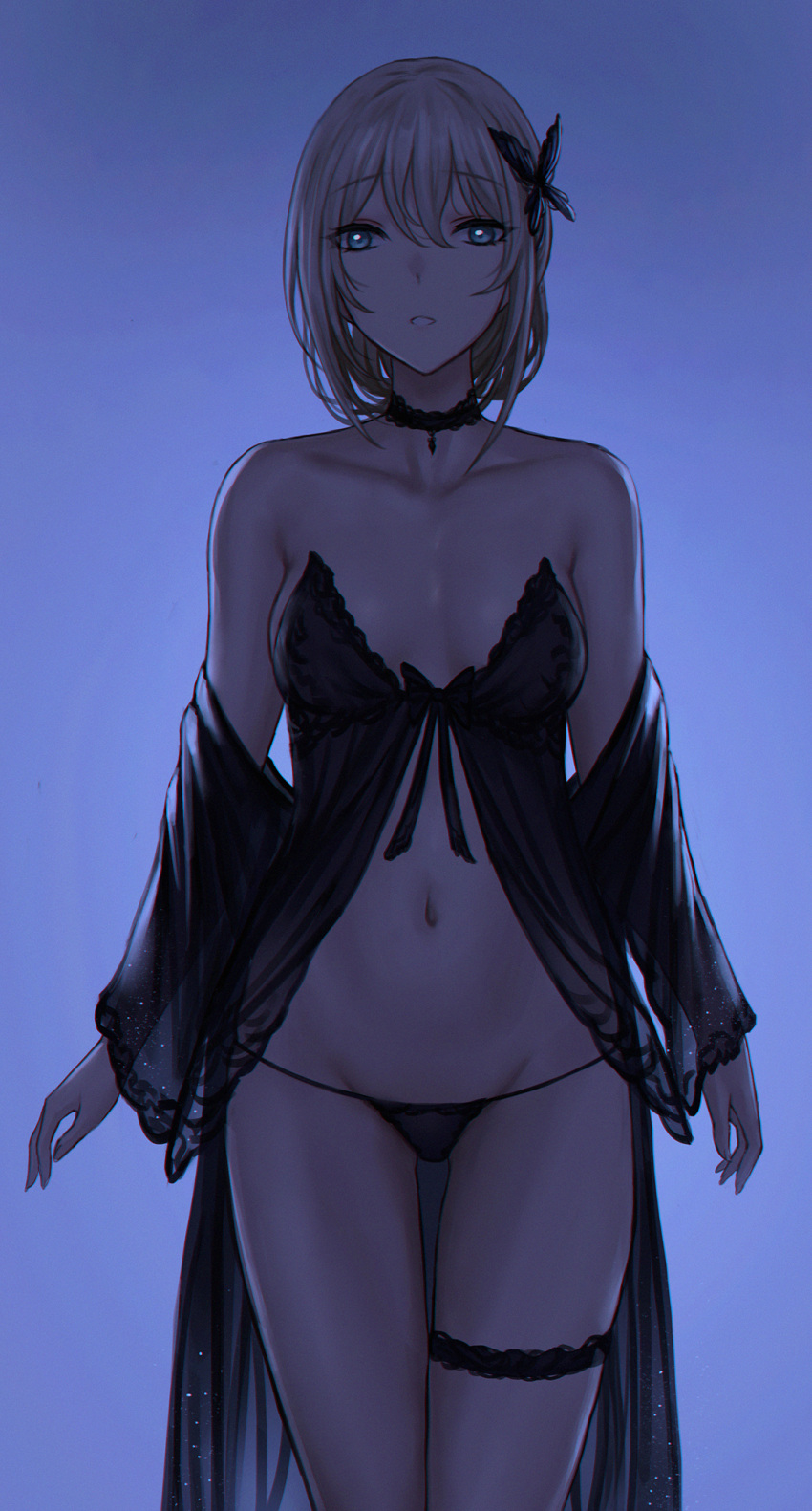 1girl an-94_(girls'_frontline) bare_shoulders black_choker black_panties blue_background blue_eyes breasts chinese_commentary choker cleavage collarbone commentary_request cowboy_shot girls'_frontline grey_hair highres looking_at_viewer medium_breasts navel off_shoulder panties parted_lips selcky simple_background solo thigh_strap thighs underwear